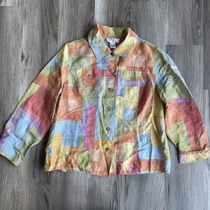 Vintage IOS Silk Linen Patchwork Button Front Lightweight Jacket Abstract S‎